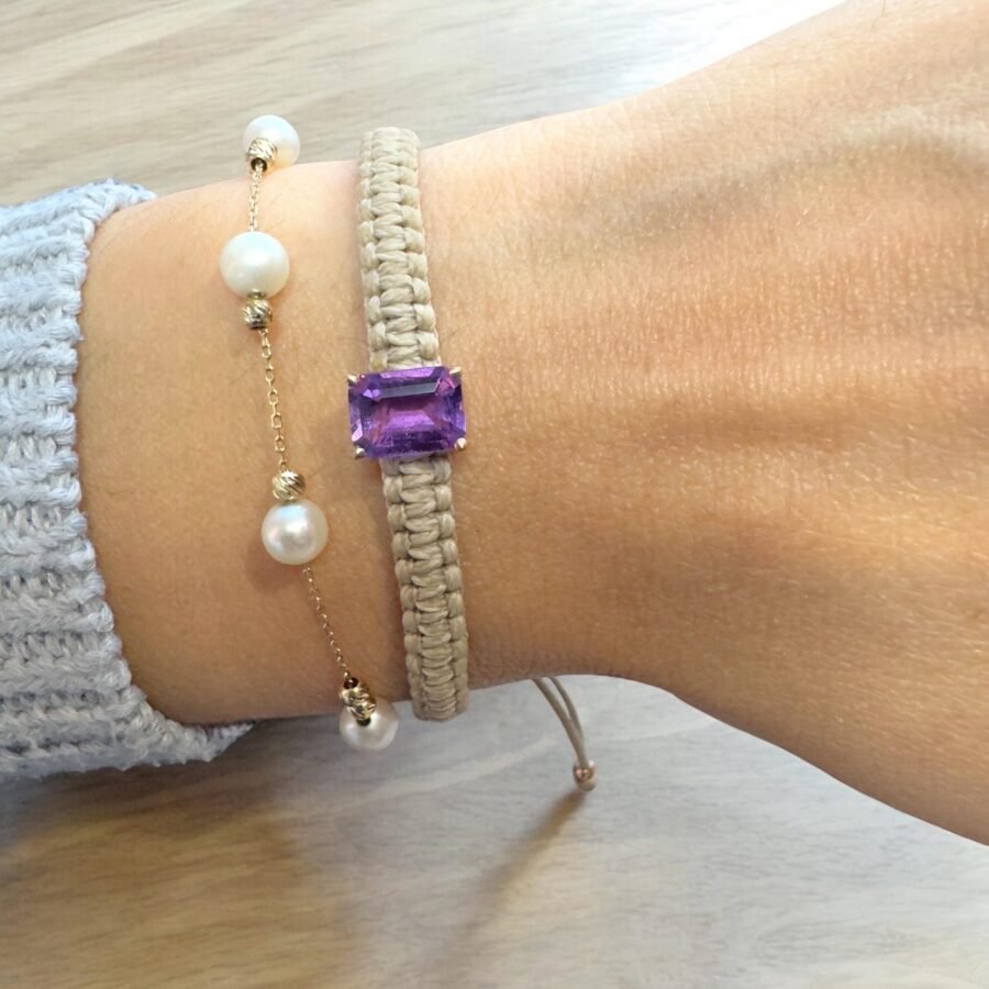 Beige Wire Bracelet with Amethyst Stone Inlay February Birthstone Jewelry Handmade Macrame Bracelet for Women Jewelry Gift 2024