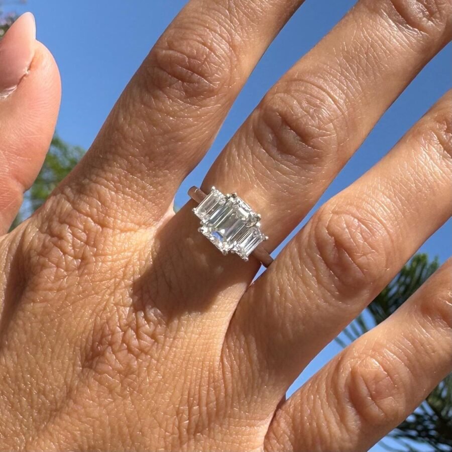 2.20 Carat lab-grown emerald-cut diamond ring, three-stone engagement ring, sided emeralds, anniversary gift, unique design ring.