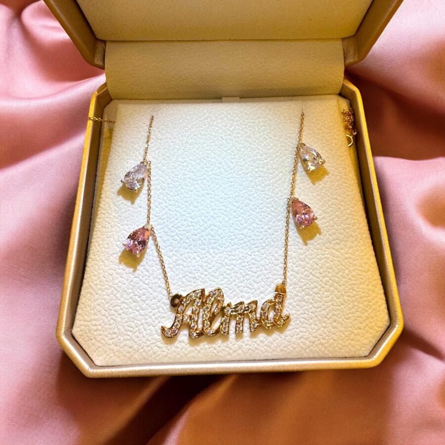 4.37 carat  Personalized Name Necklace with morganite lab gem stone + Lab Grown Diamonds pear shape  14K Rose Gold (D Color VVS Clarity)