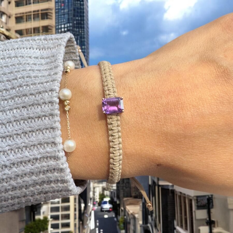 Beige Wire Bracelet with Amethyst Stone Inlay February Birthstone Jewelry Handmade Macrame Bracelet for Women Jewelry Gift 2024 - Image 9