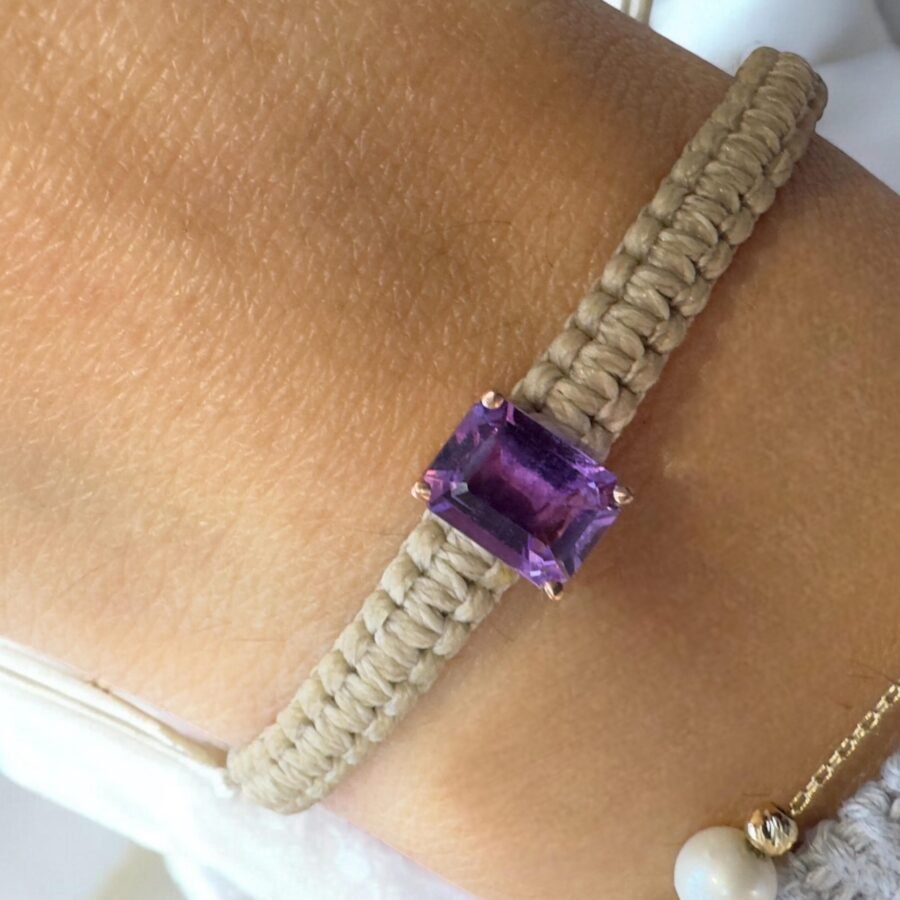 Beige Wire Bracelet with Amethyst Stone Inlay February Birthstone Jewelry Handmade Macrame Bracelet for Women Jewelry Gift 2024 - Image 3