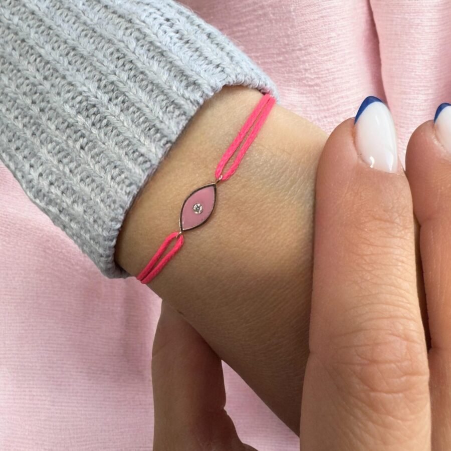 Pink Evil Eye Diamond Studded Thread Bracelet for Women  Adjustable Handmade Jewelry for Protection, Luck, and Everyday Style.
