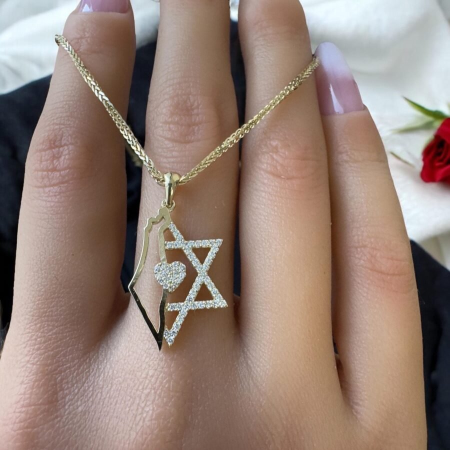14k Gold Star of David Necklace with Israel Map and Diamond-Accented Heart Pendant,Judaica Jewelry for Women, Bat Mitzvah Gift,
